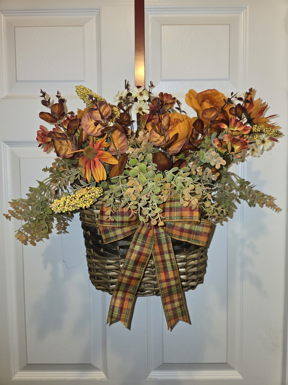 Autumn Plaid Hanging Basket Floral Arrangement - Orange